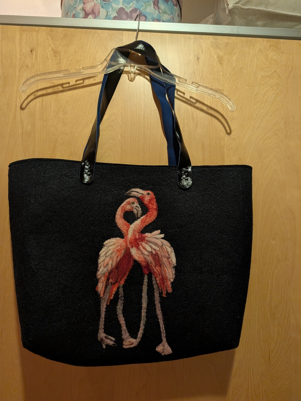 Handmade Navy Blue Tote Bag with Flamingo Embroidery - Never Used